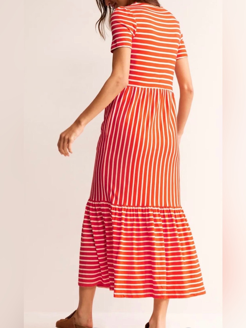 Boden Emma Tiered Jersey Midi Dress Fiesta & White Stripe US 10R UK 14R - Picture 2 of 10